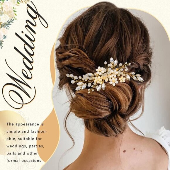 🆕Women Gold Bride Wedding Hair Comb Pearl Flower Hair Piece  Accessories - Picture 4 of 7